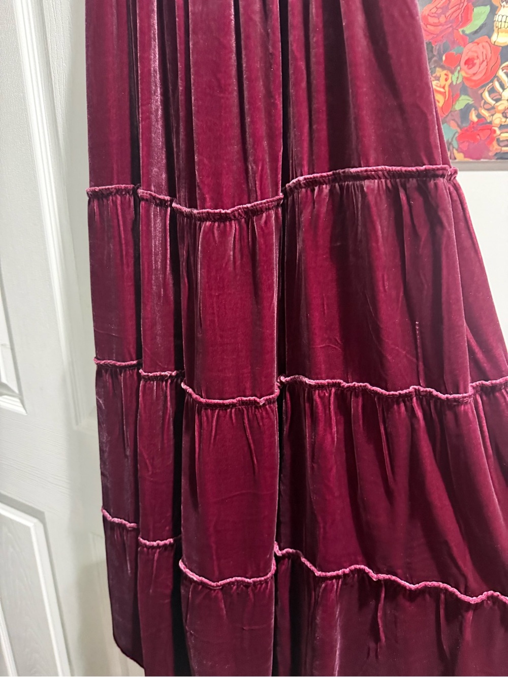 HILL HOUSE Nap Dress Velvet Smocked Ruffle Strap Burgundy Tiered Midi Dress - Picture 3 of 7